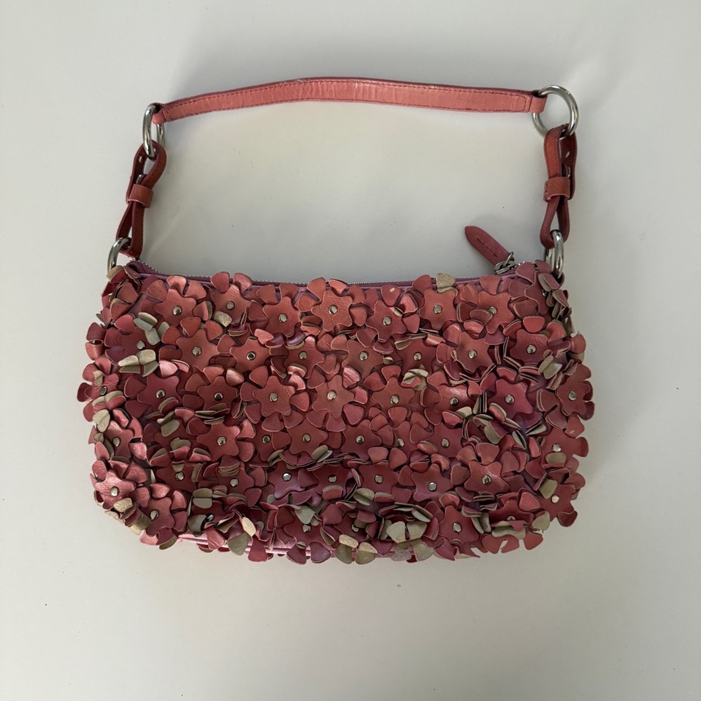 Francesco Biasia Pink Floral Appliqué Shoulder Bag with Cream Accents